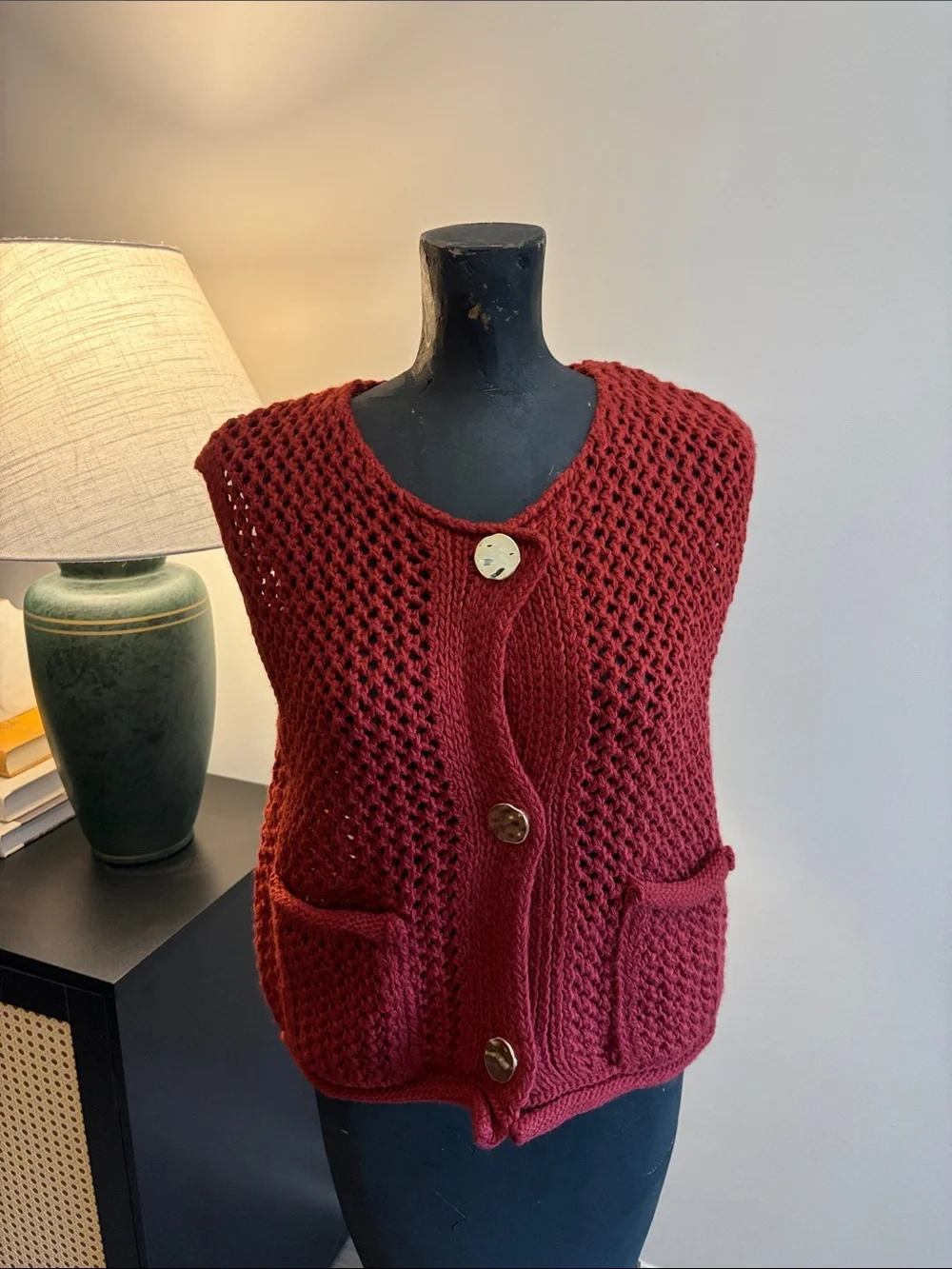 NWT Vigoss Office Career Deep Red Crochet Knit Button Vest Gold Buttons Large